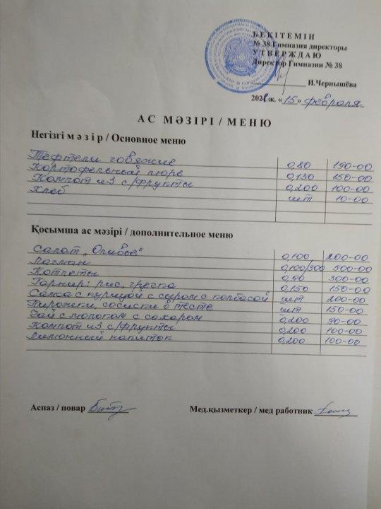 Меню на 15 февраля
