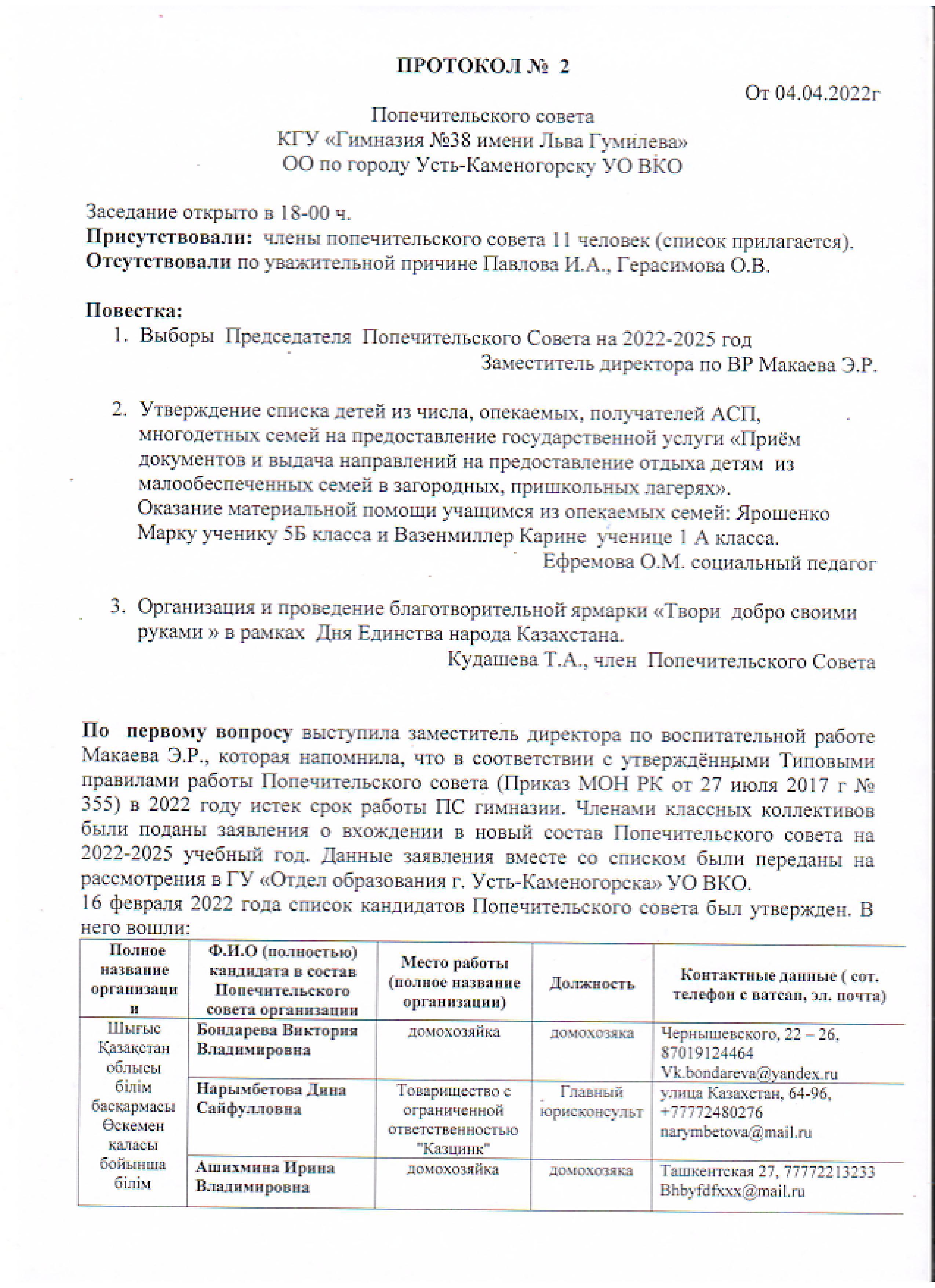 Протокол Попечительского совета №2  от 04.04.2022