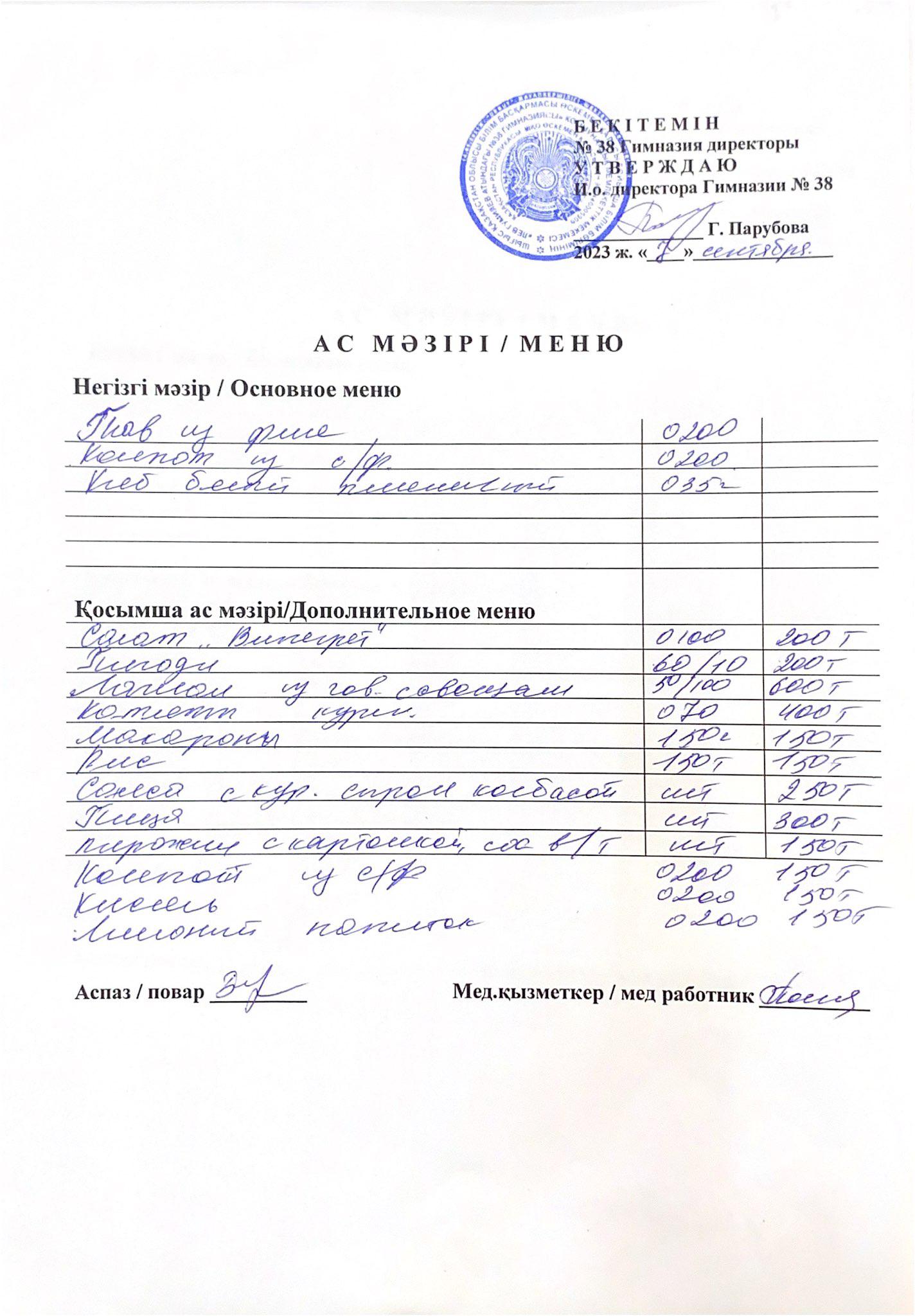 Меню одного дня