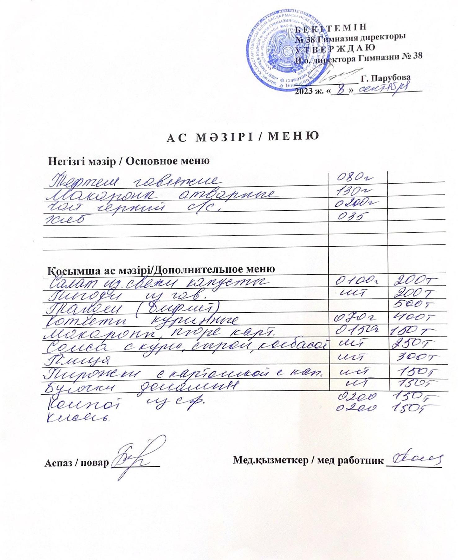 Меню одного дня