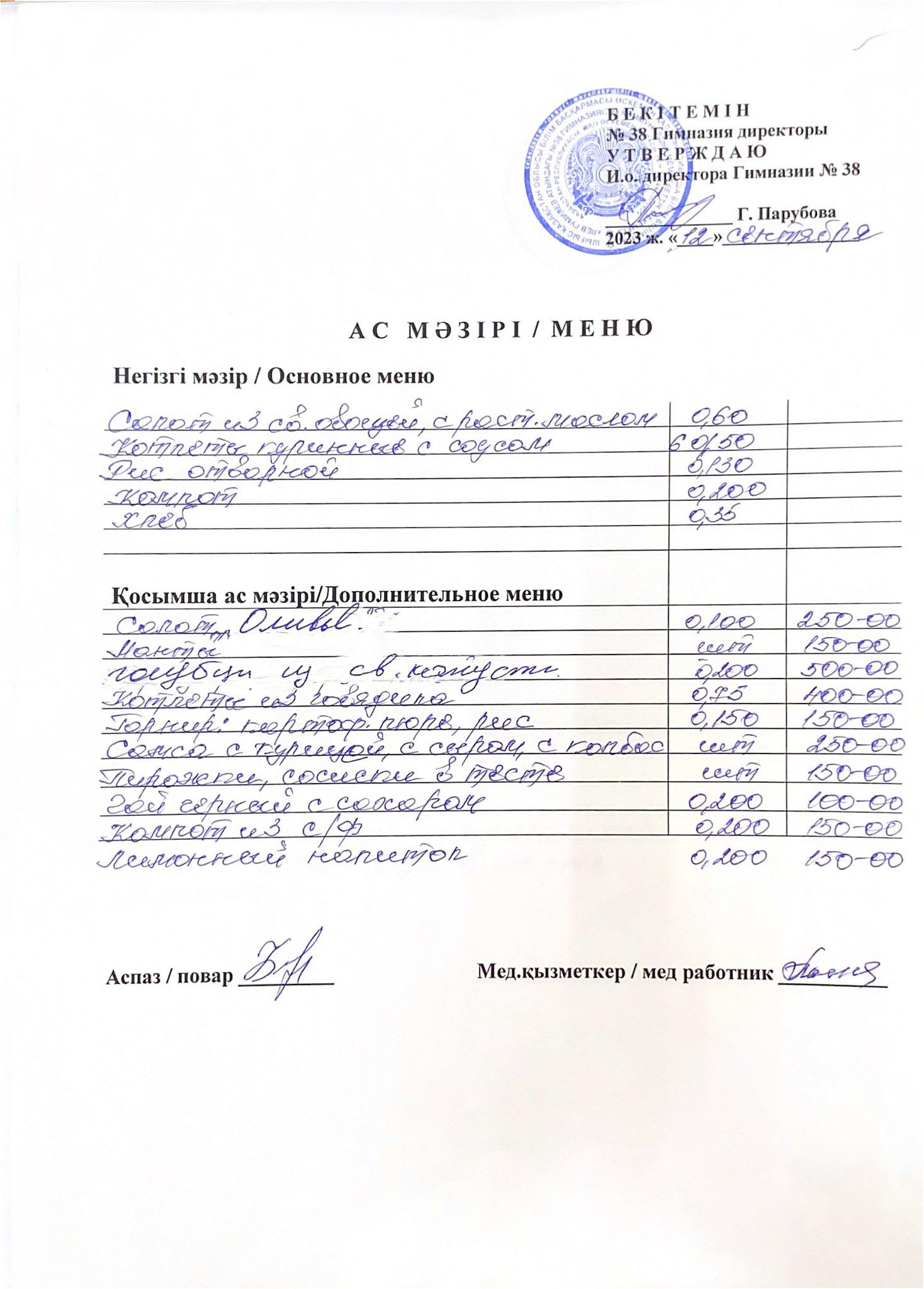 Меню одного дня