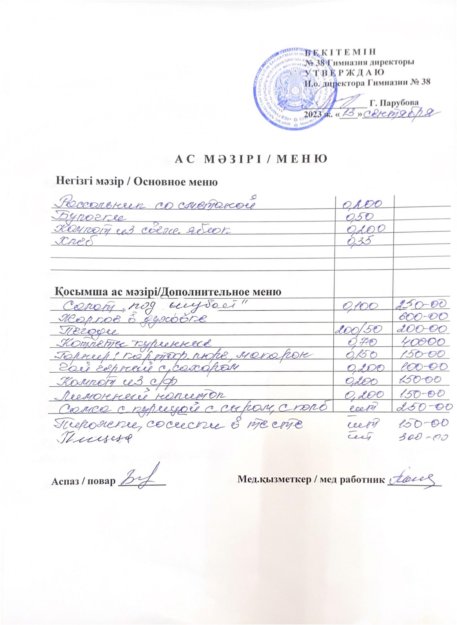 Меню одного дня