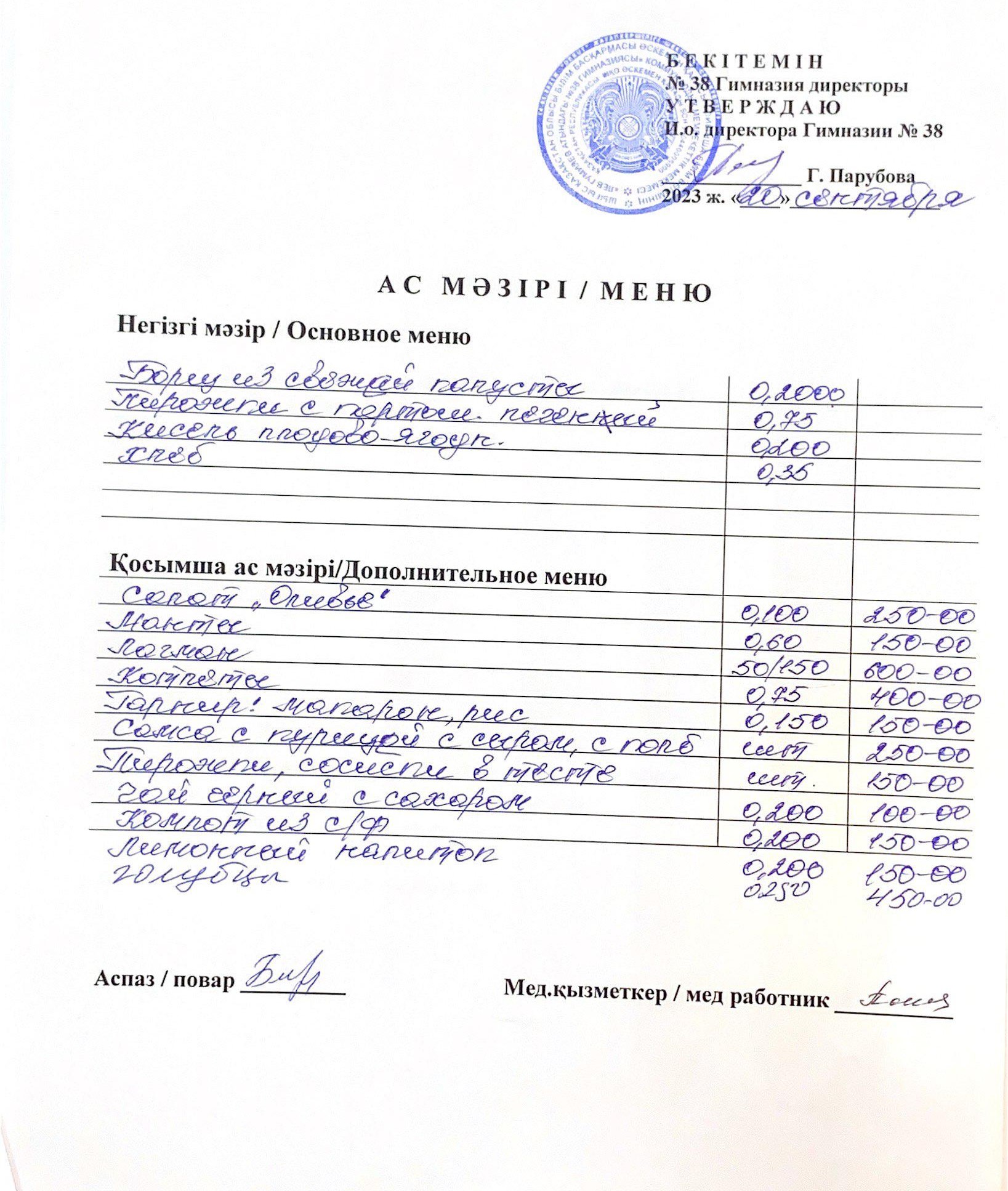 Меню одного дня