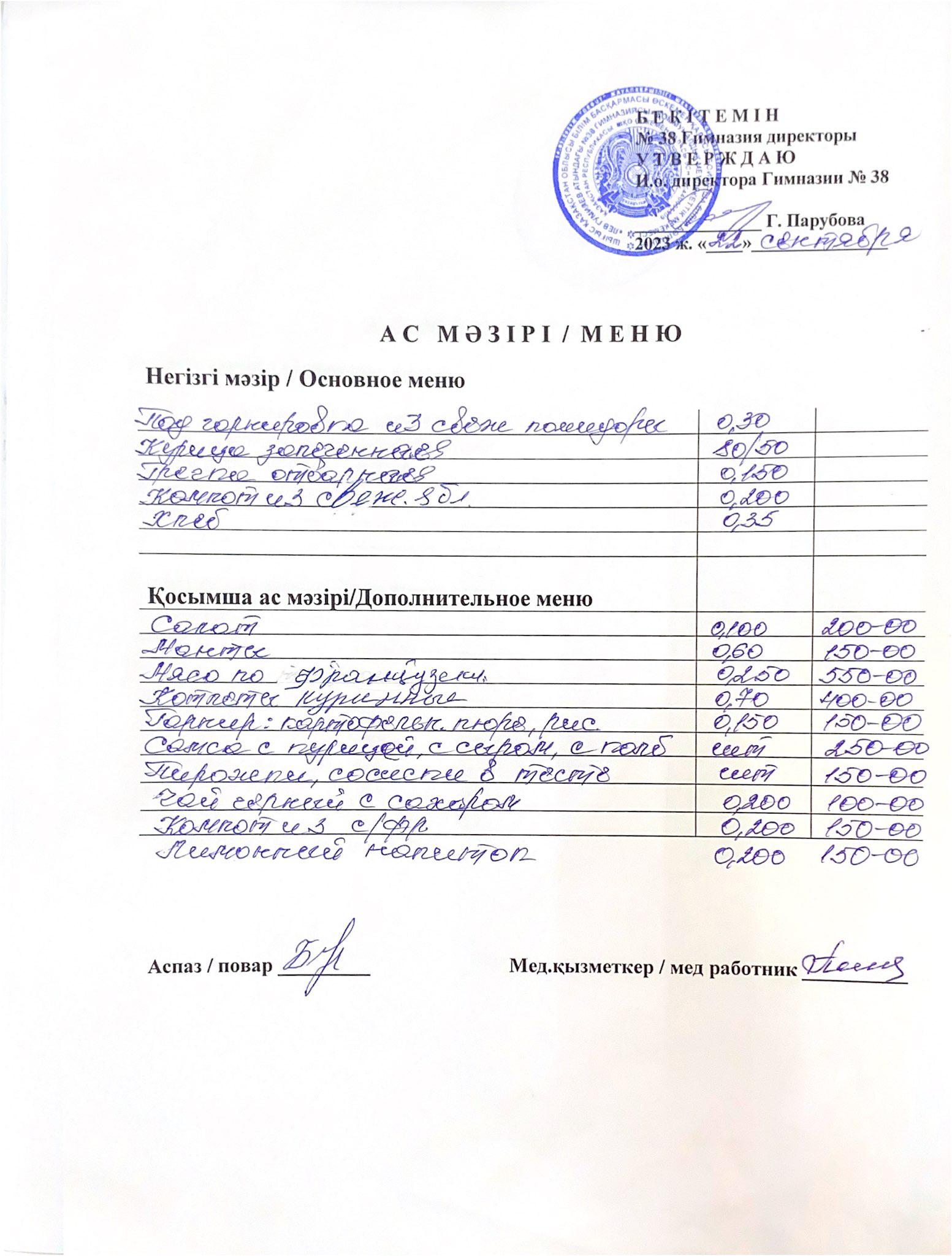 Меню одного дня