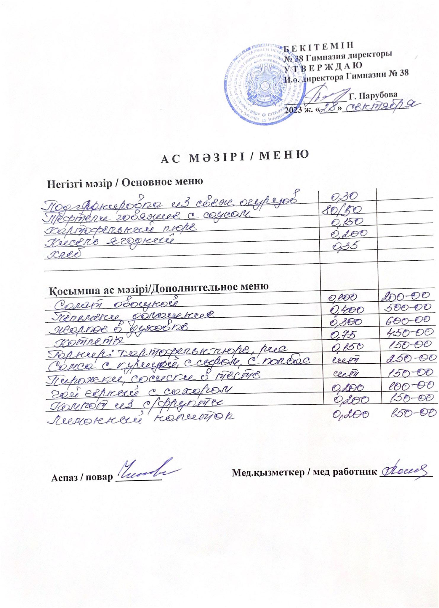 Меню одного дня