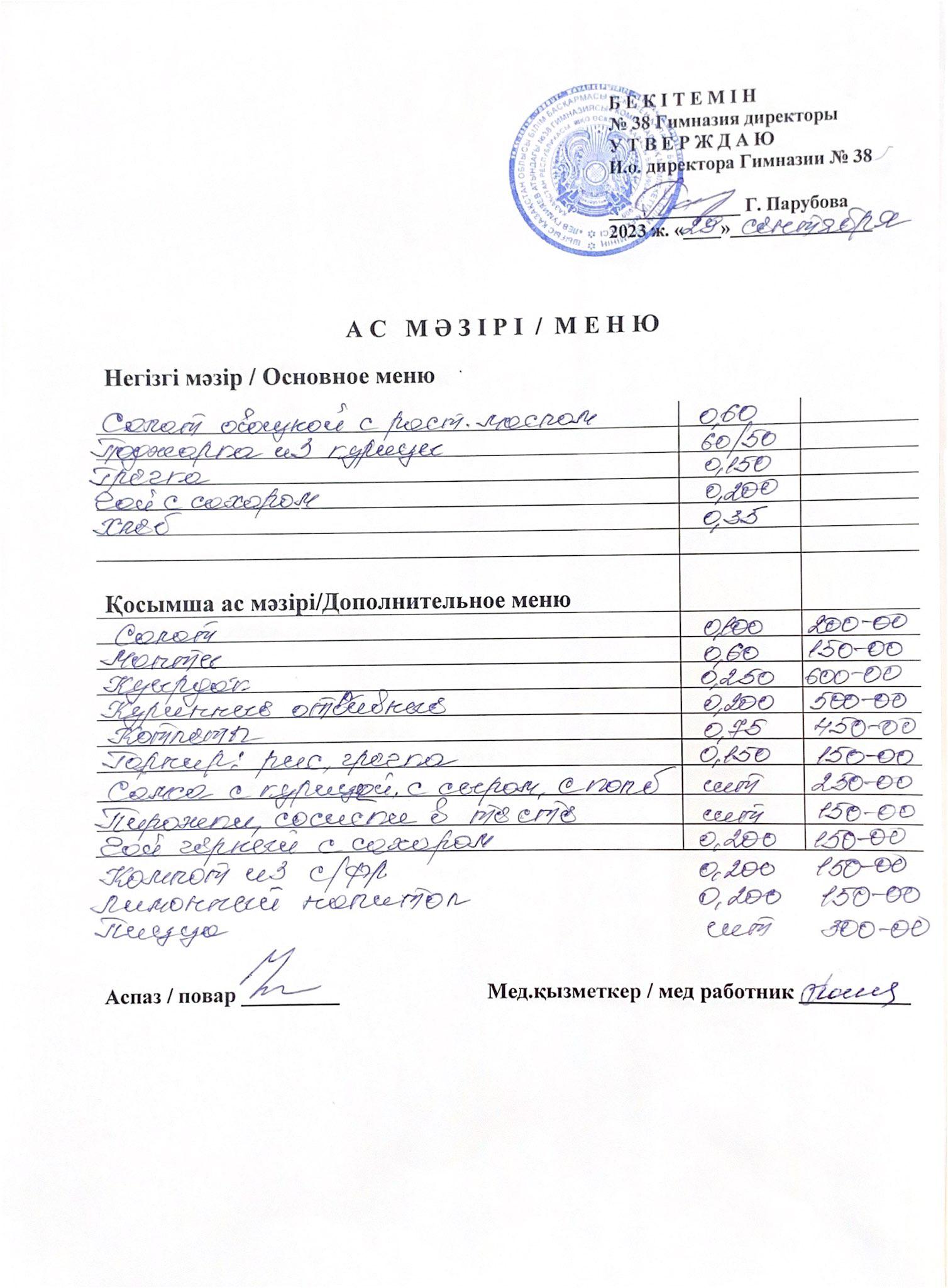 Меню одного дня