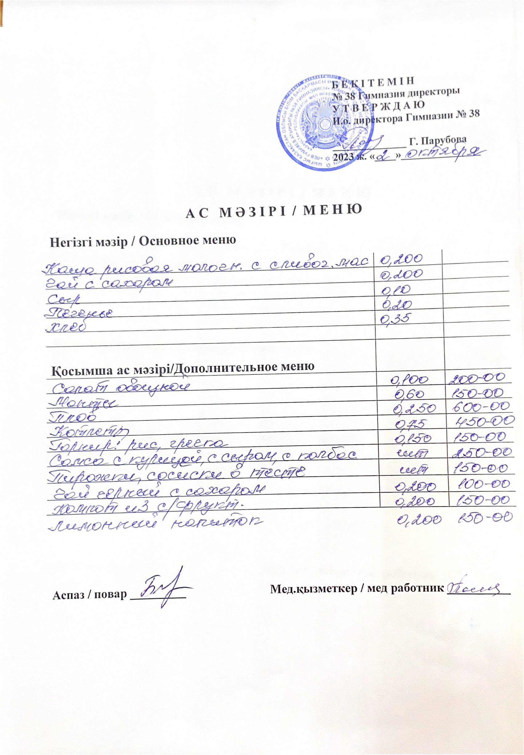 Меню одного дня
