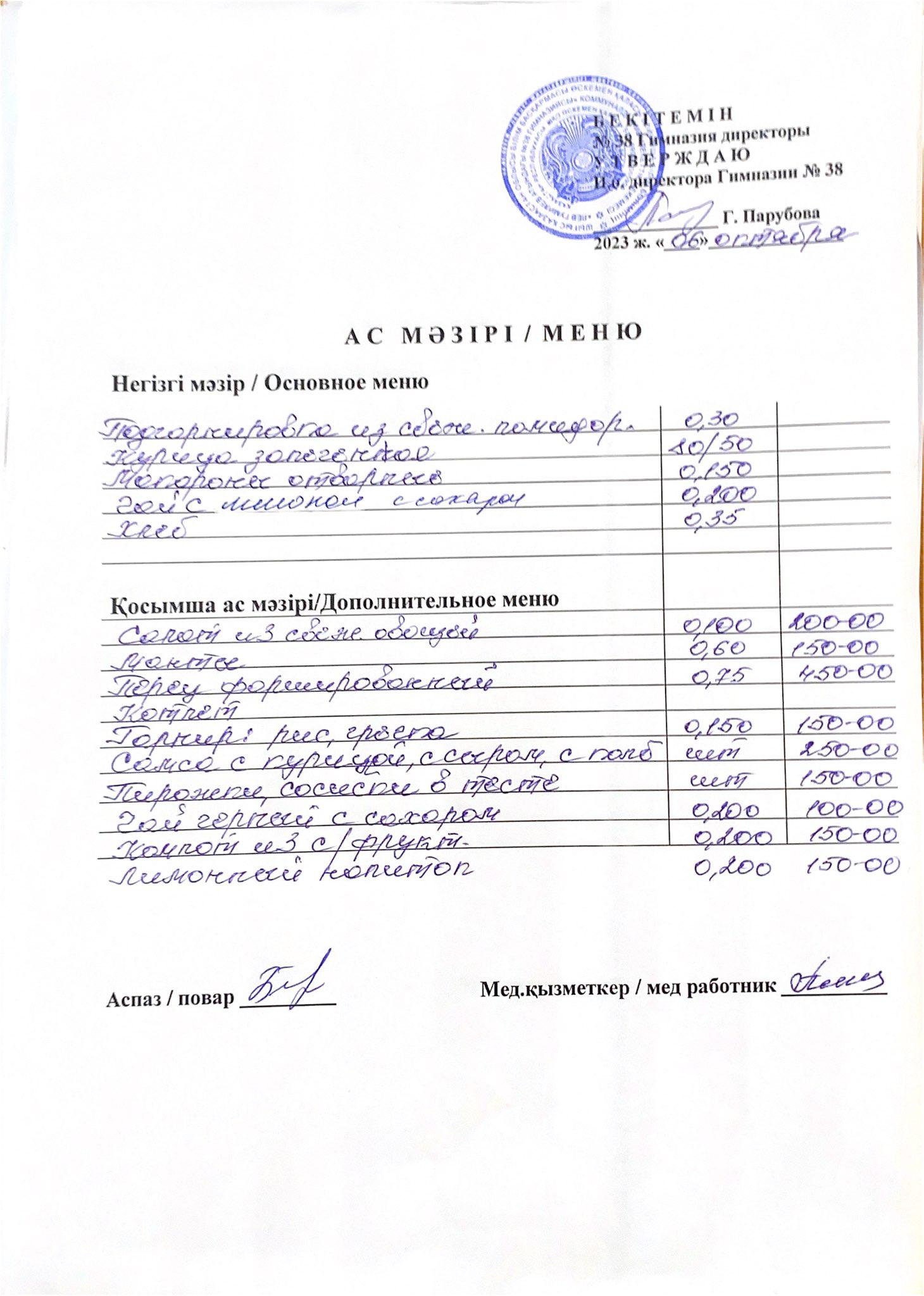 Меню одного дня