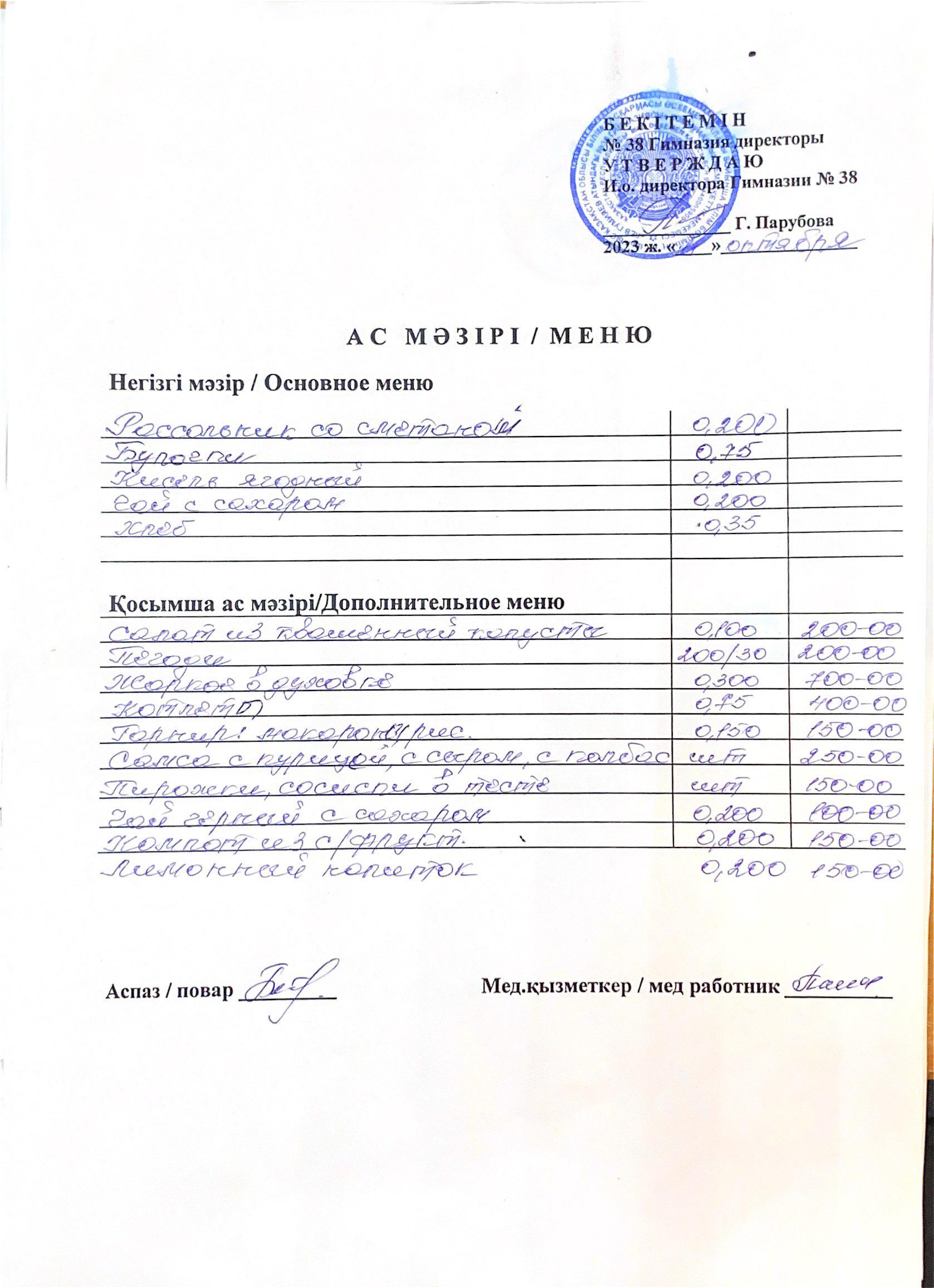 Меню одного дня