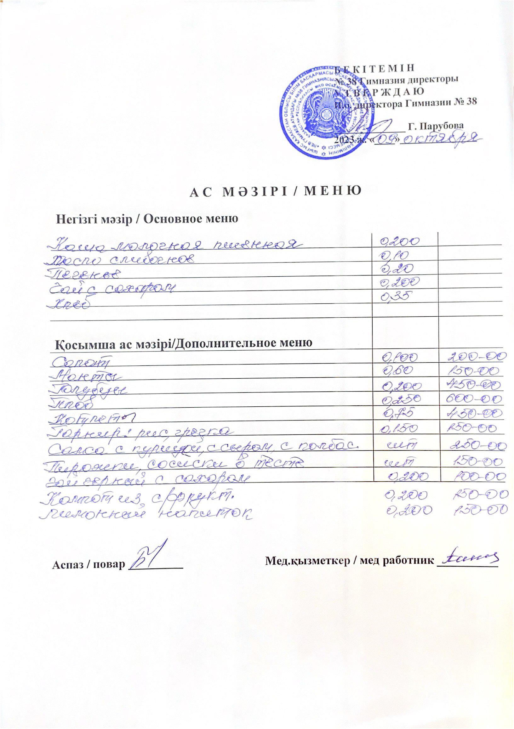 Меню одного дня