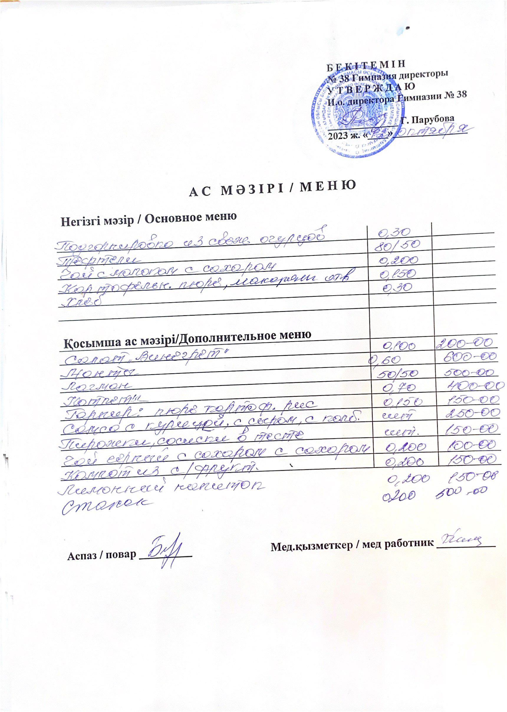 Меню одного дня