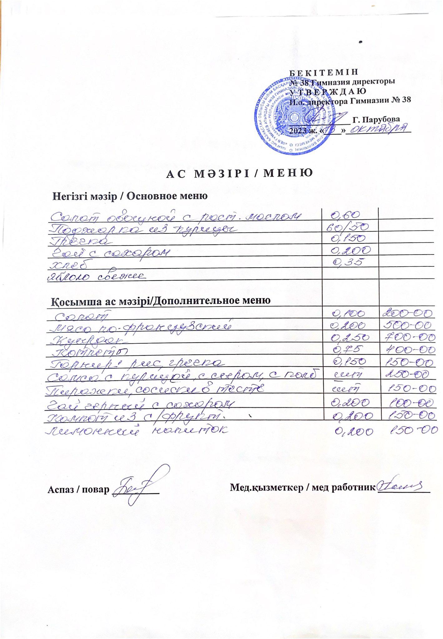 Меню одного дня