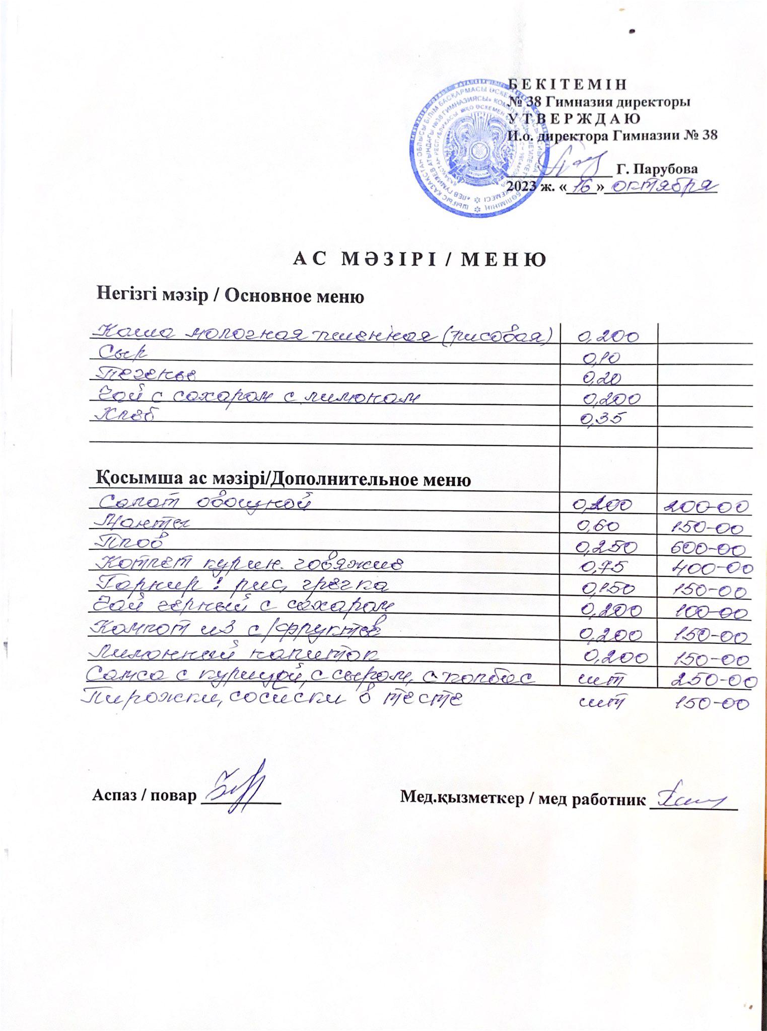 Меню одного дня