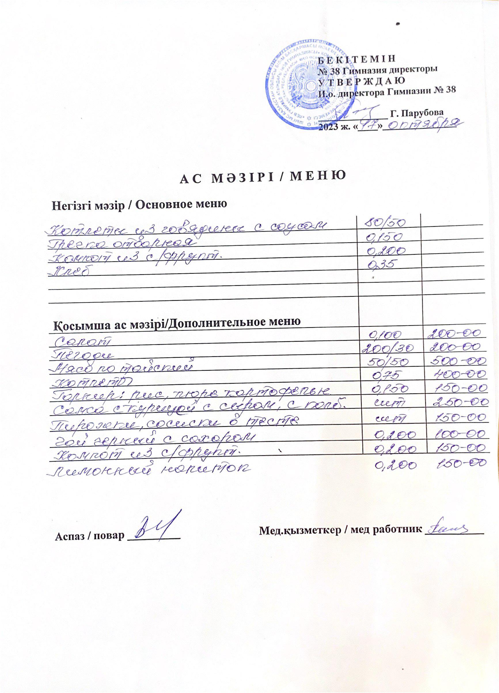 Меню одного дня