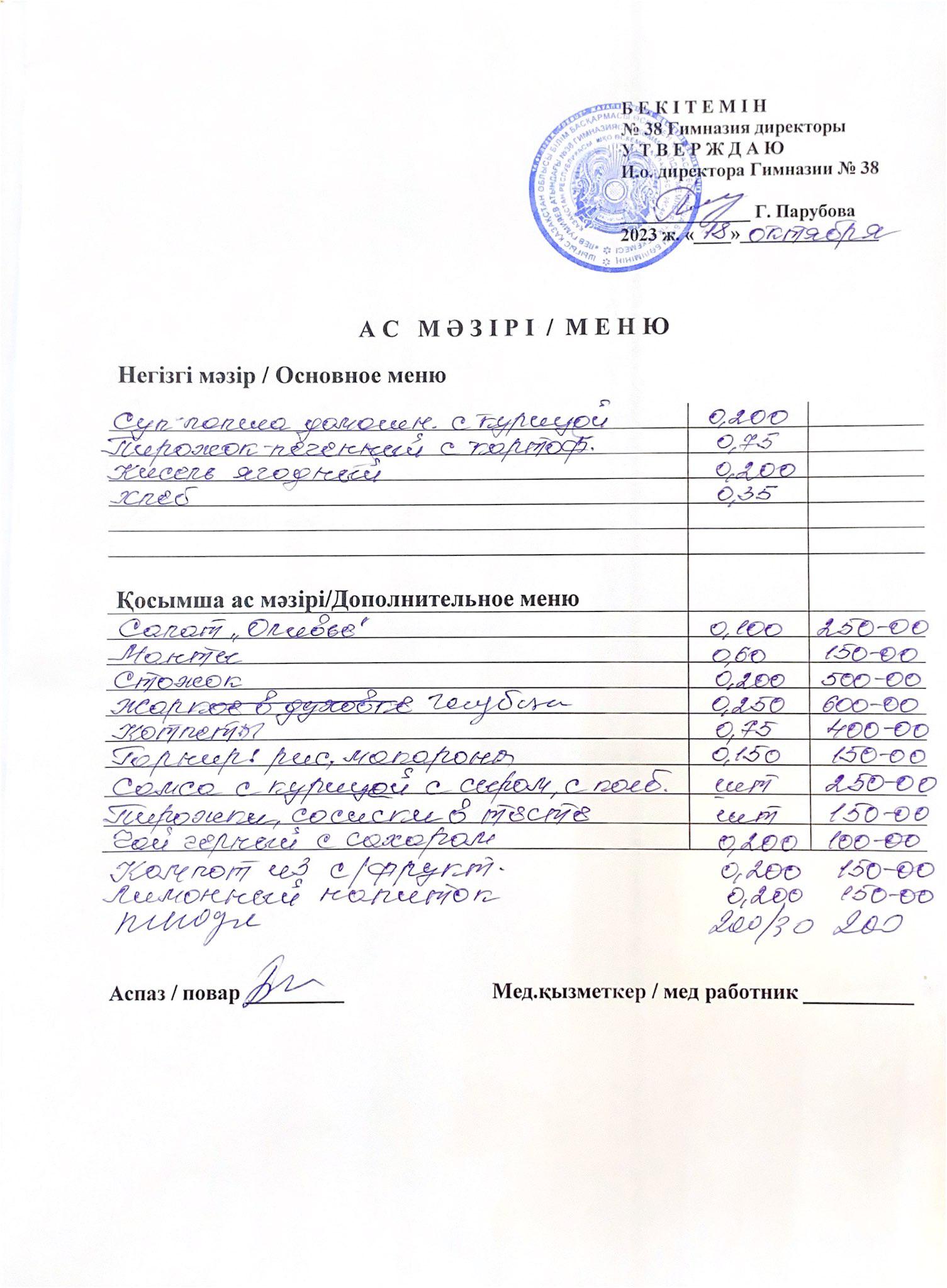 Меню одного дня