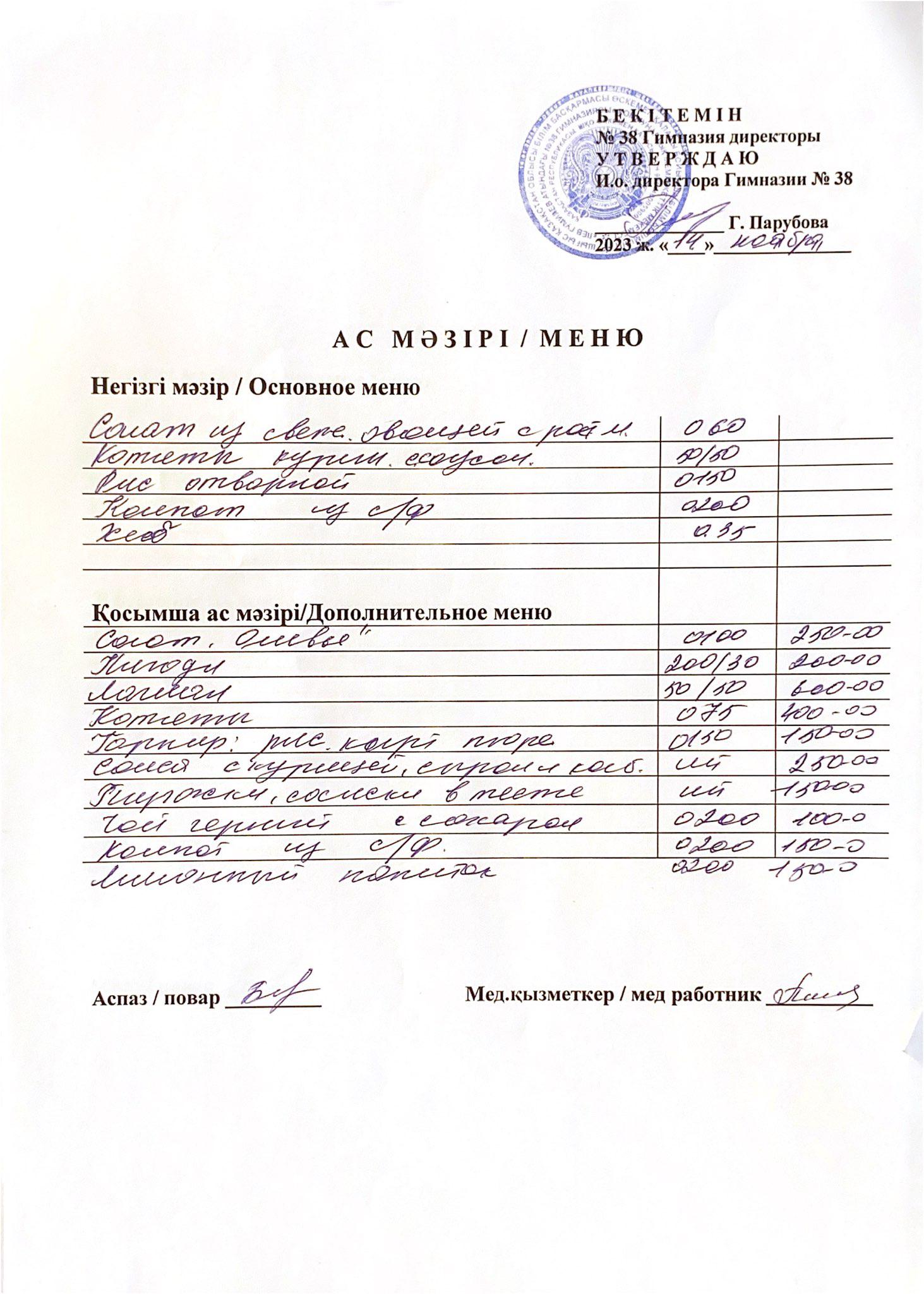 Меню одного дня