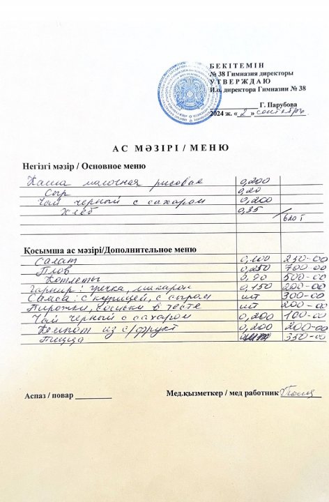Меню одного дня