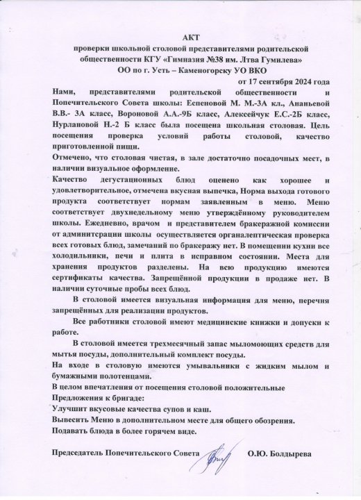 АКТ проверки школьной столовой
