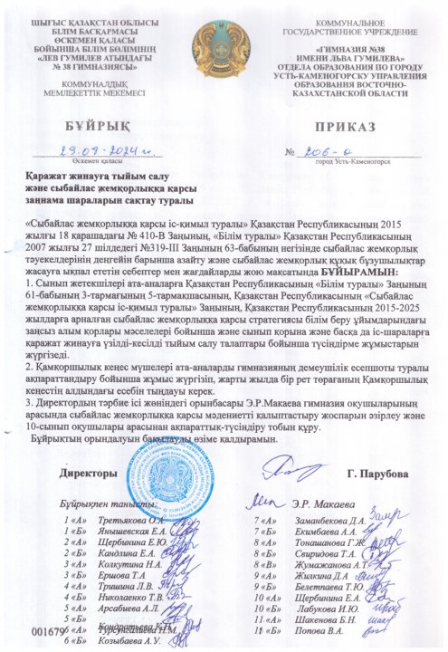 Қаражат жинауға тыйым салу және сыбайлас жемқорлыққа қарсы заңнама шараларын сақтау туралы бұйрық/ Приказ о запрете сбора денежных средств и соблюдении антикоррупционного законодательства